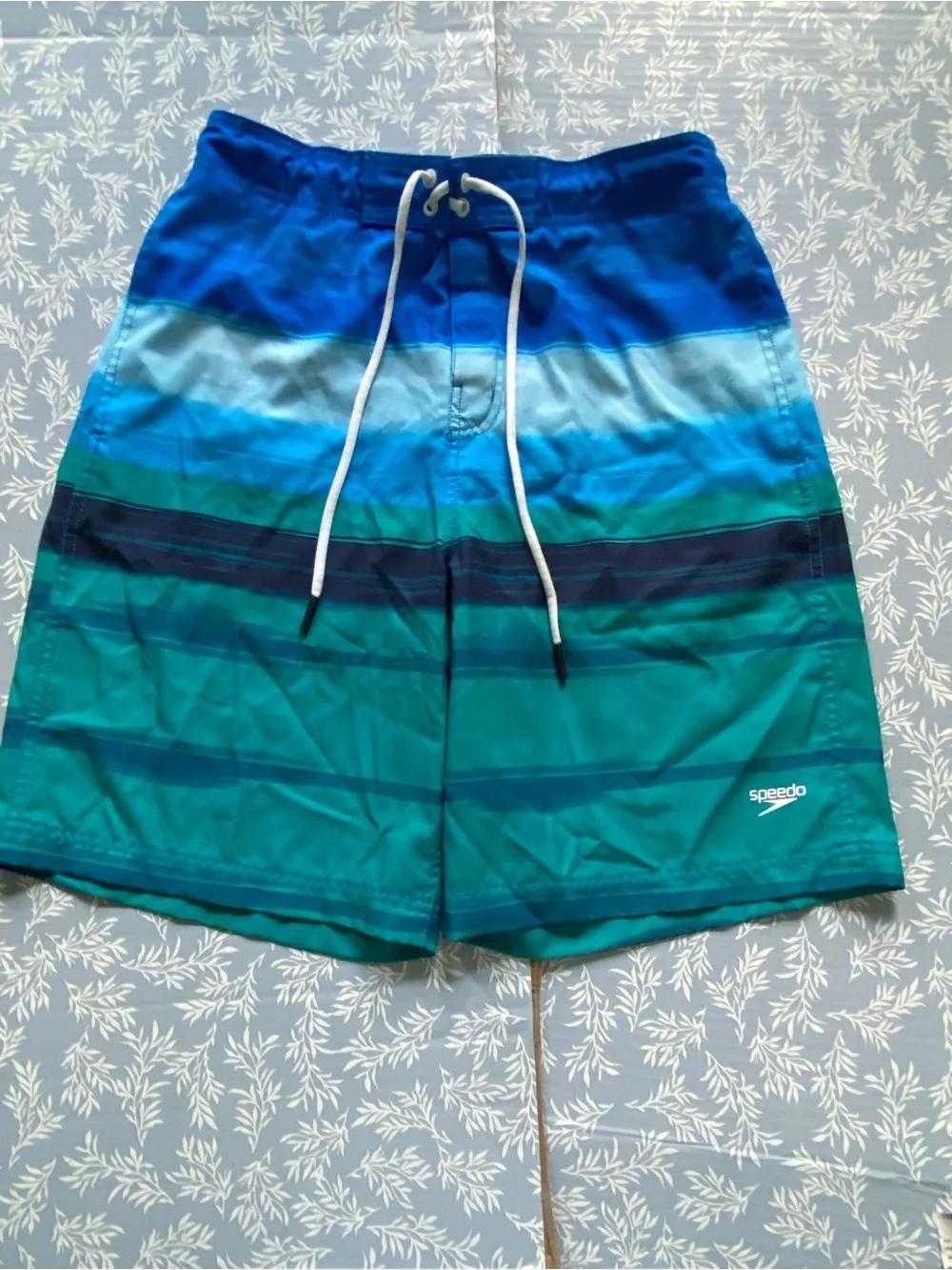 Speedo Men's Blue and Teal Gradient Stripe Swim Trunks
